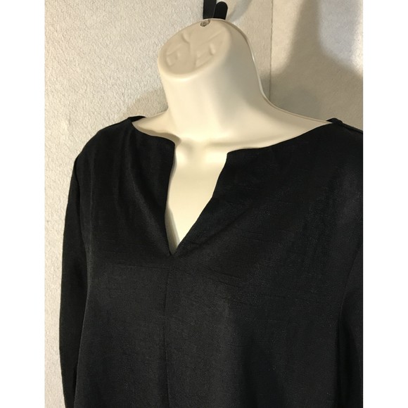 Alfani Womens Blouse Black Pattern Sheer Sz M V-Neck 7” Side Slits Business Top - Picture 2 of 12